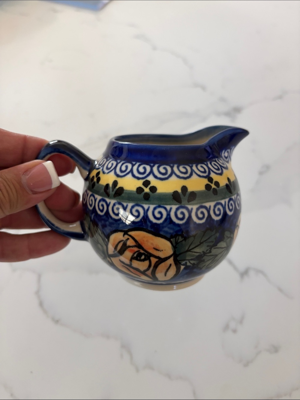 Polish pottery! Hand-Painted Blue and Yellow Floral Ceramic Creamer